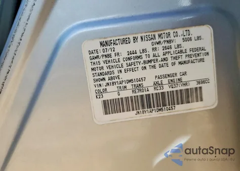 2013 Infiniti M37 z USA, uszkodzony, nr VIN JN1BY1AP1DM510457